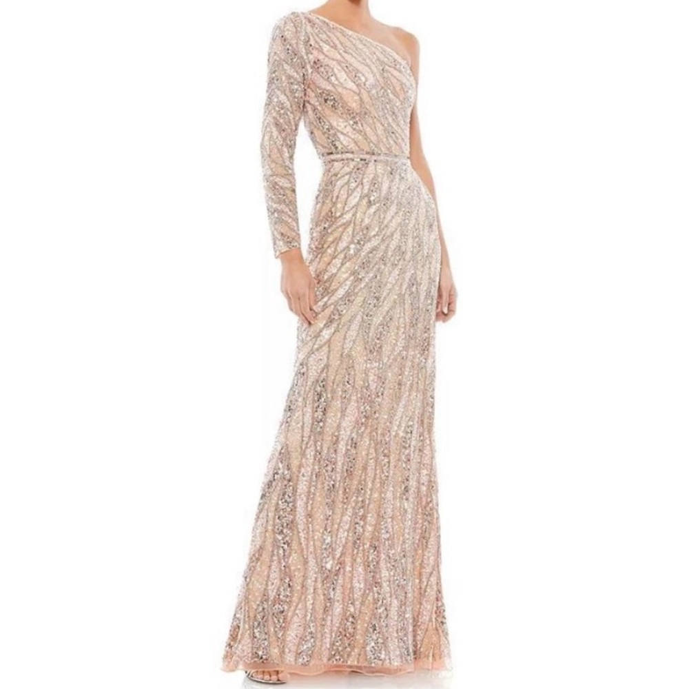 Mac Duggal One-Shoulder Sequin Maxi Dress in Blush and Gold